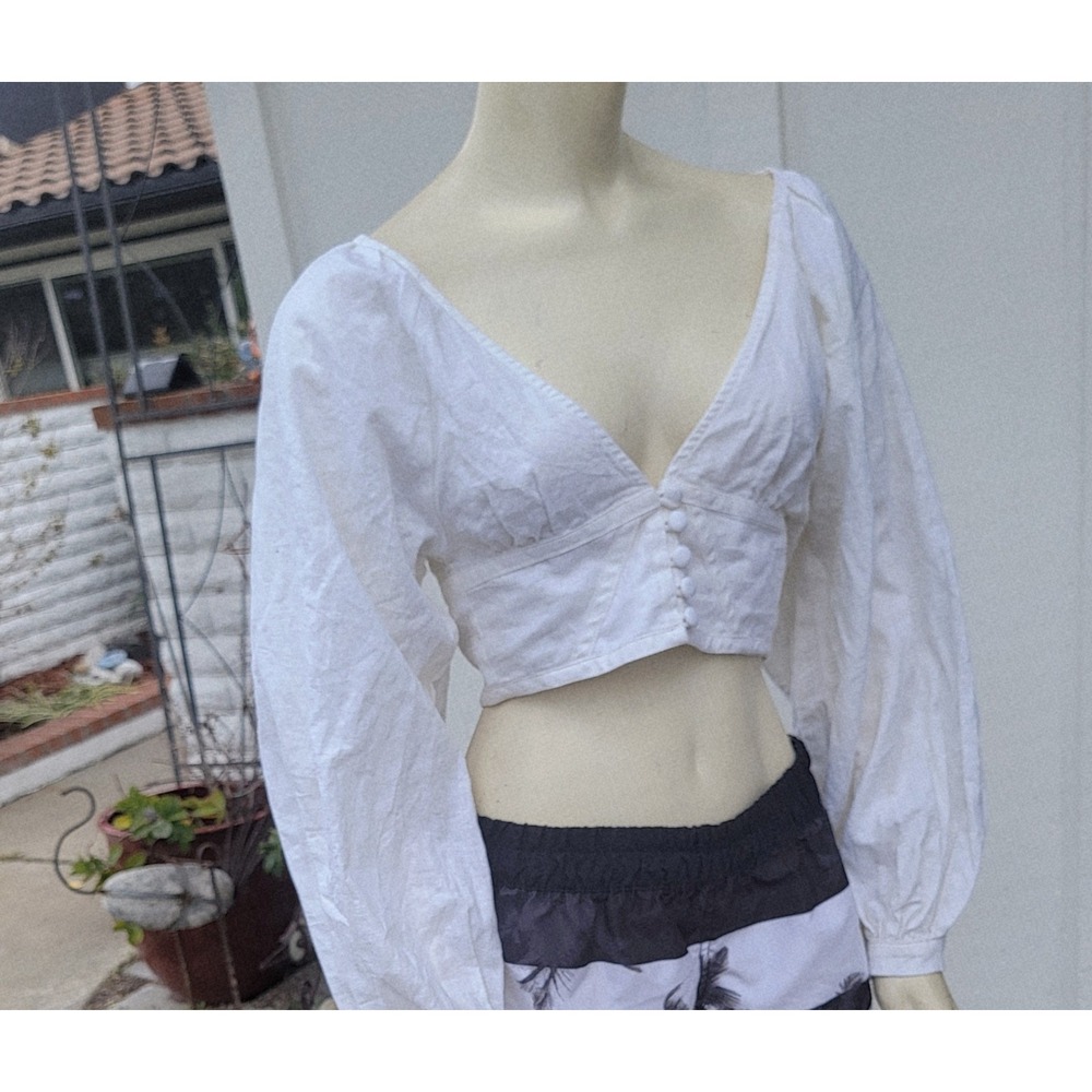 VRG GRL Linen Blend‎ Balloon Sleeve Deep V Crop Milkmaid Fairycore Ivory Sz 8 - Picture 2 of 13